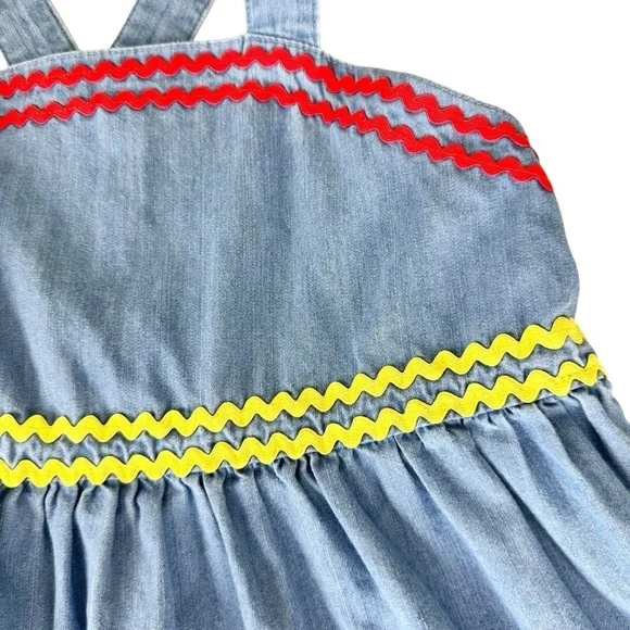 Hanna Andersson chambray denim jean jumper dress 140/10 rickrack blue yellow red - Picture 8 of 15